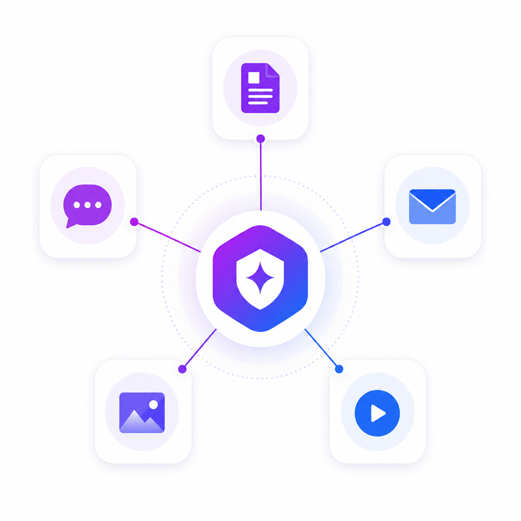 Diagram showing one shared brand context at the center connected to blog, social, email, image, and video outputs